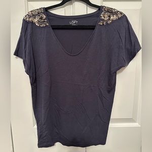 LOFT - Embellished Shoulder Navy T-Shirt - S